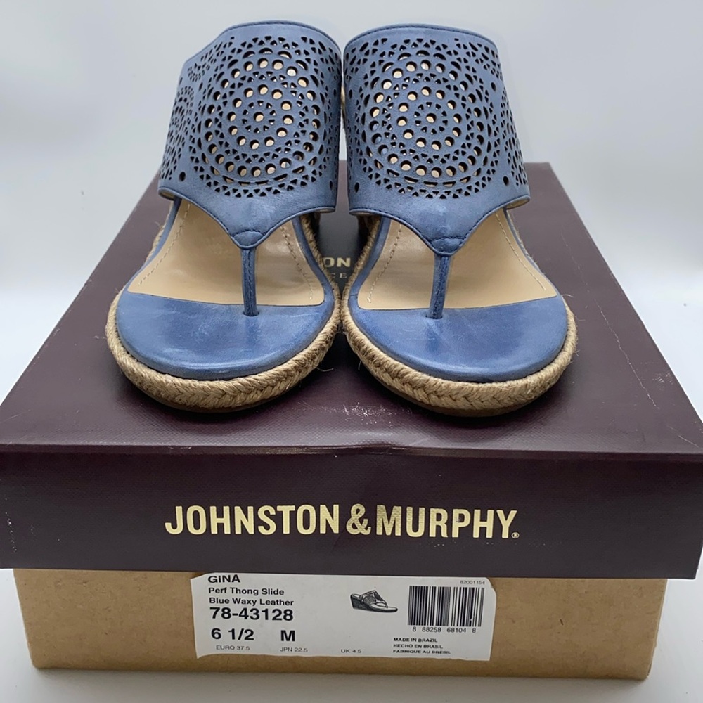 Johnston & Murphy Gina Ladies Perf Thong Slide Blue Waxy Leather Sandals 6 1/2